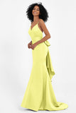 Spaghetti Straps V Neck Satin Formal Evening Dresses Mermaid Prom Party Gowns with Bowknot