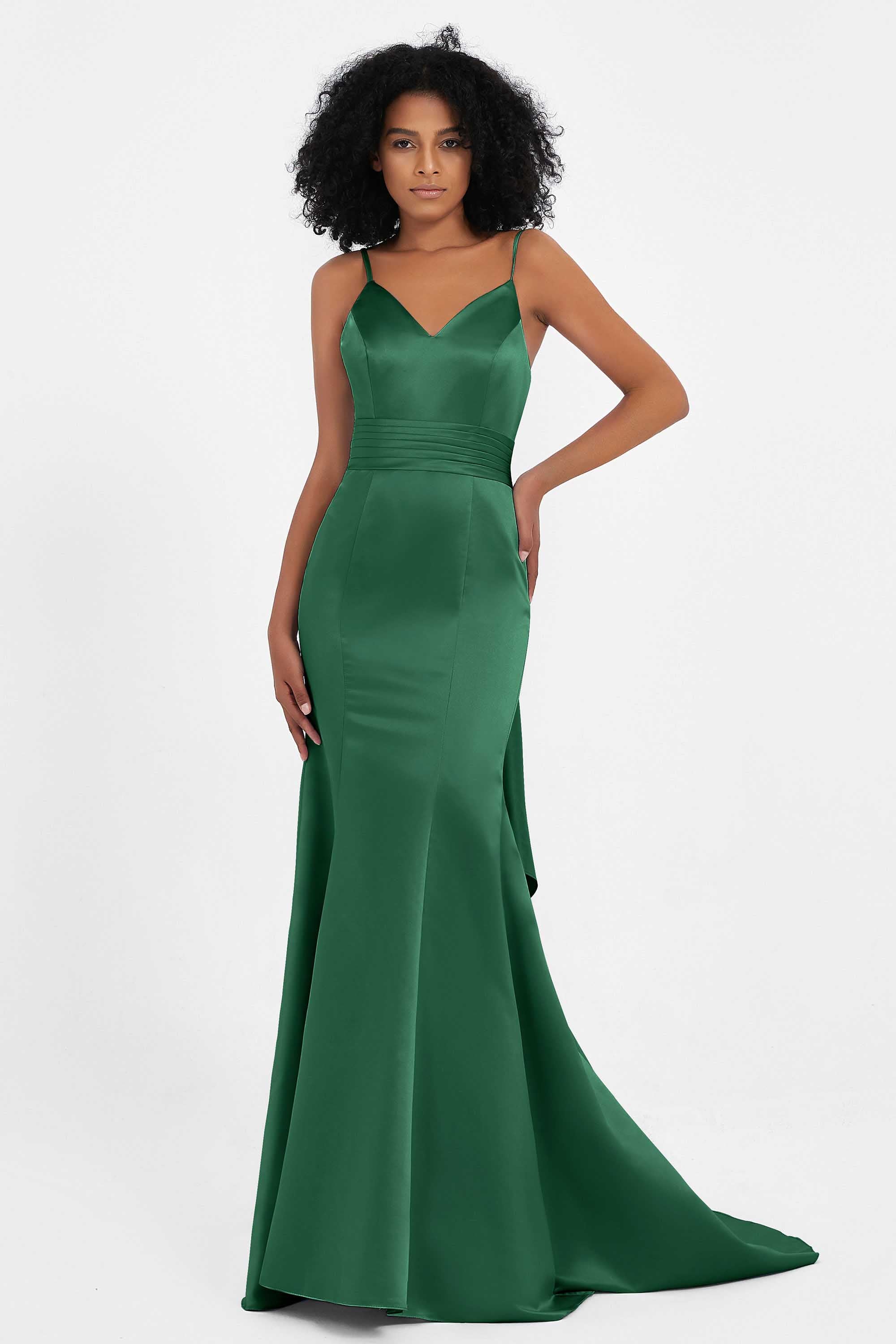 Spaghetti Straps V Neck Satin Formal Evening Dresses Mermaid Prom Party Gowns with Bowknot
