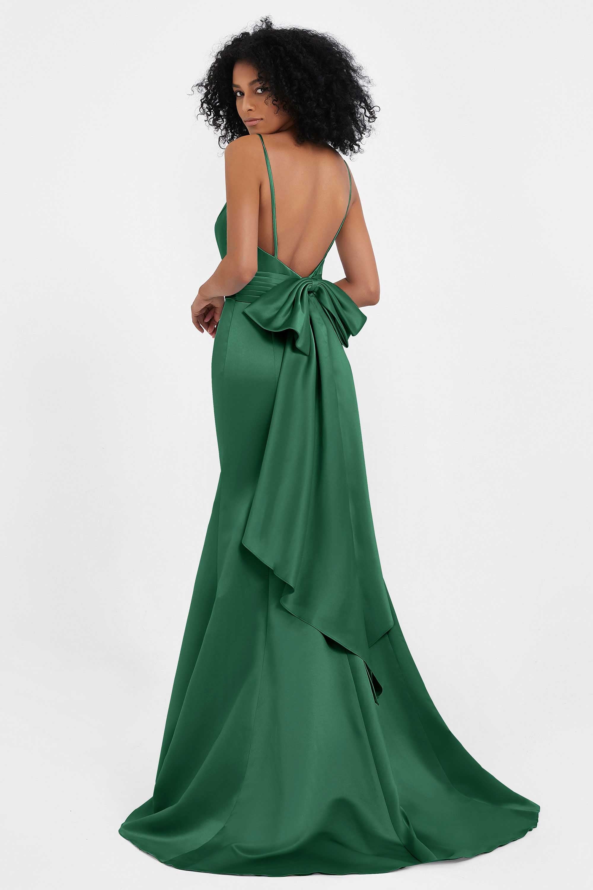 Spaghetti Straps V Neck Satin Formal Evening Dresses Mermaid Prom Party Gowns with Bowknot