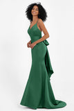 Spaghetti Straps V Neck Satin Formal Evening Dresses Mermaid Prom Party Gowns with Bowknot