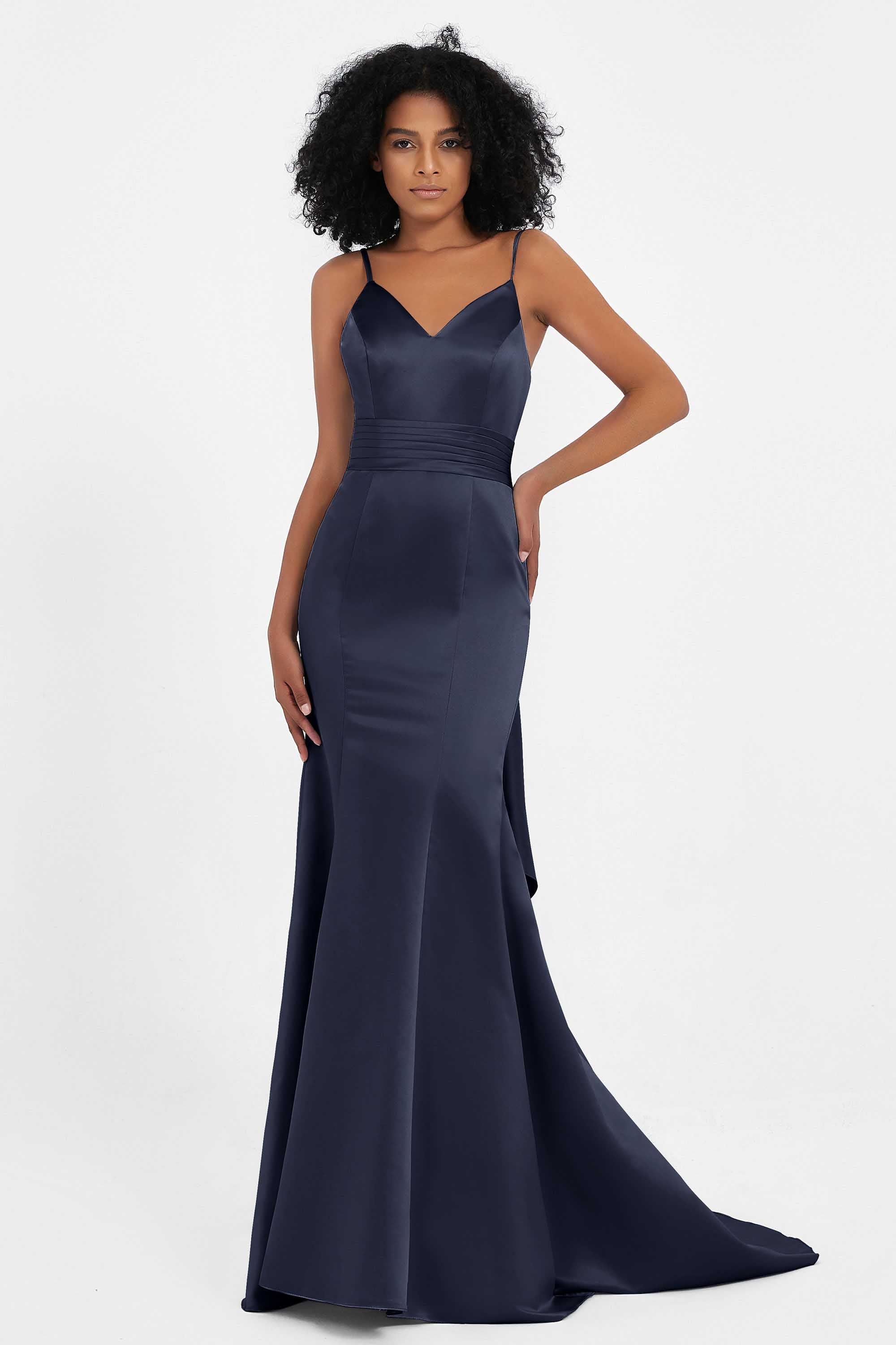Spaghetti Straps V Neck Satin Formal Evening Dresses Mermaid Prom Party Gowns with Bowknot