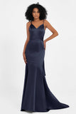Spaghetti Straps V Neck Satin Formal Evening Dresses Mermaid Prom Party Gowns with Bowknot