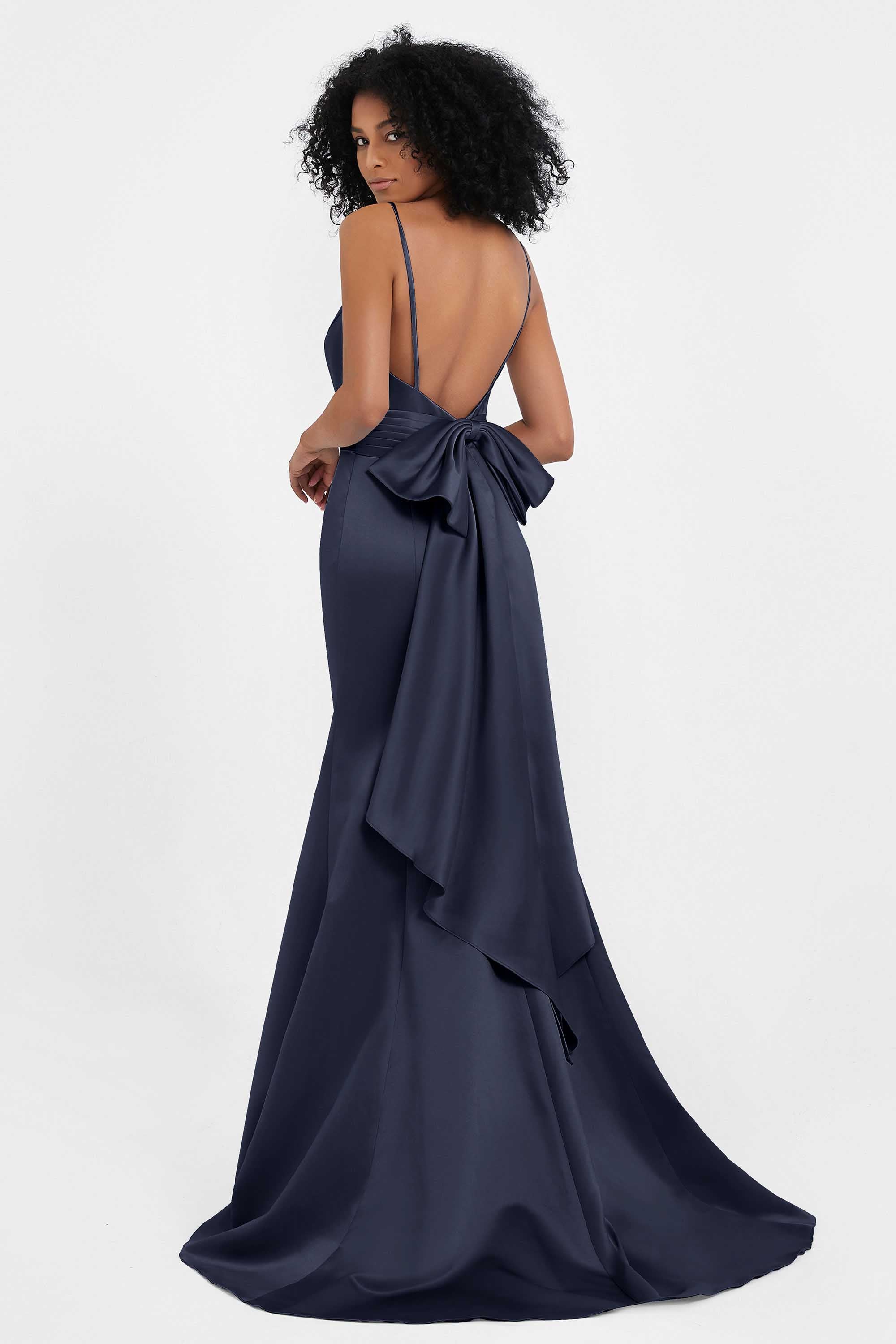 Spaghetti Straps V Neck Satin Formal Evening Dresses Mermaid Prom Party Gowns with Bowknot