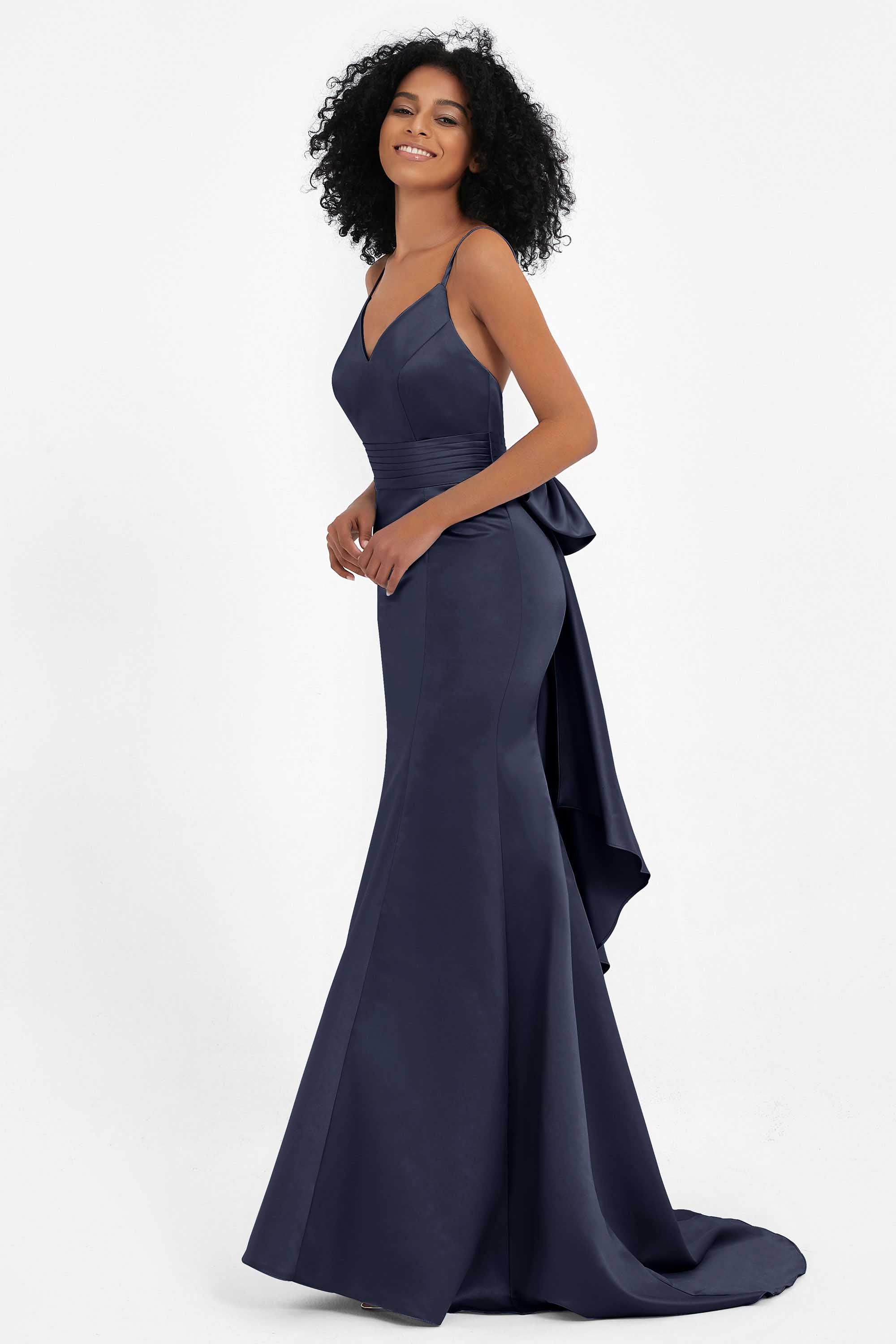 Spaghetti Straps V Neck Satin Formal Evening Dresses Mermaid Prom Party Gowns with Bowknot