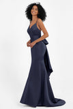 Spaghetti Straps V Neck Satin Formal Evening Dresses Mermaid Prom Party Gowns with Bowknot
