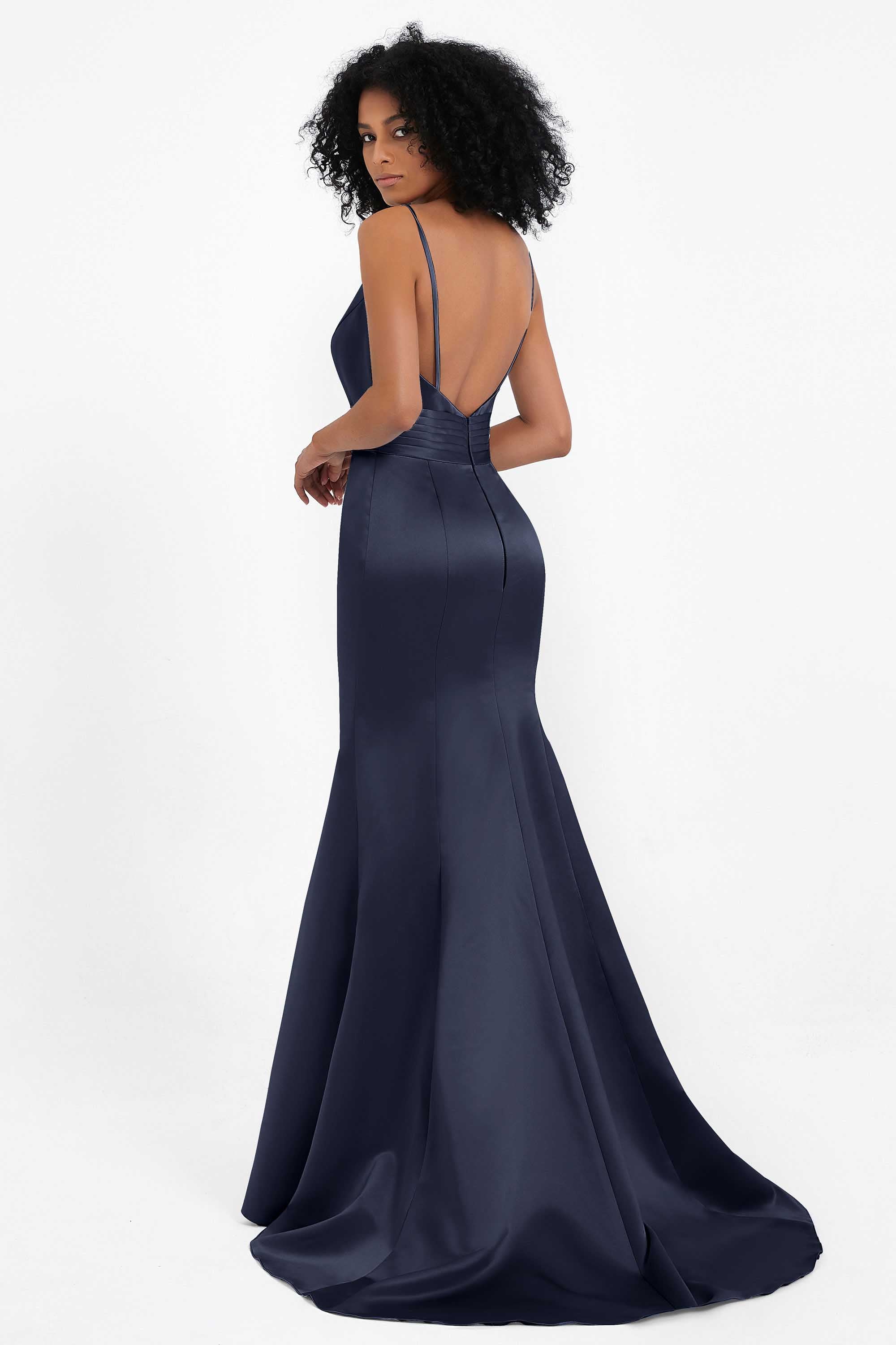 Spaghetti Straps V Neck Satin Formal Evening Dresses Mermaid Prom Party Gowns with Bowknot