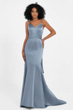 Spaghetti Straps V Neck Satin Formal Evening Dresses Mermaid Prom Party Gowns with Bowknot