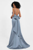 Spaghetti Straps V Neck Satin Formal Evening Dresses Mermaid Prom Party Gowns with Bowknot