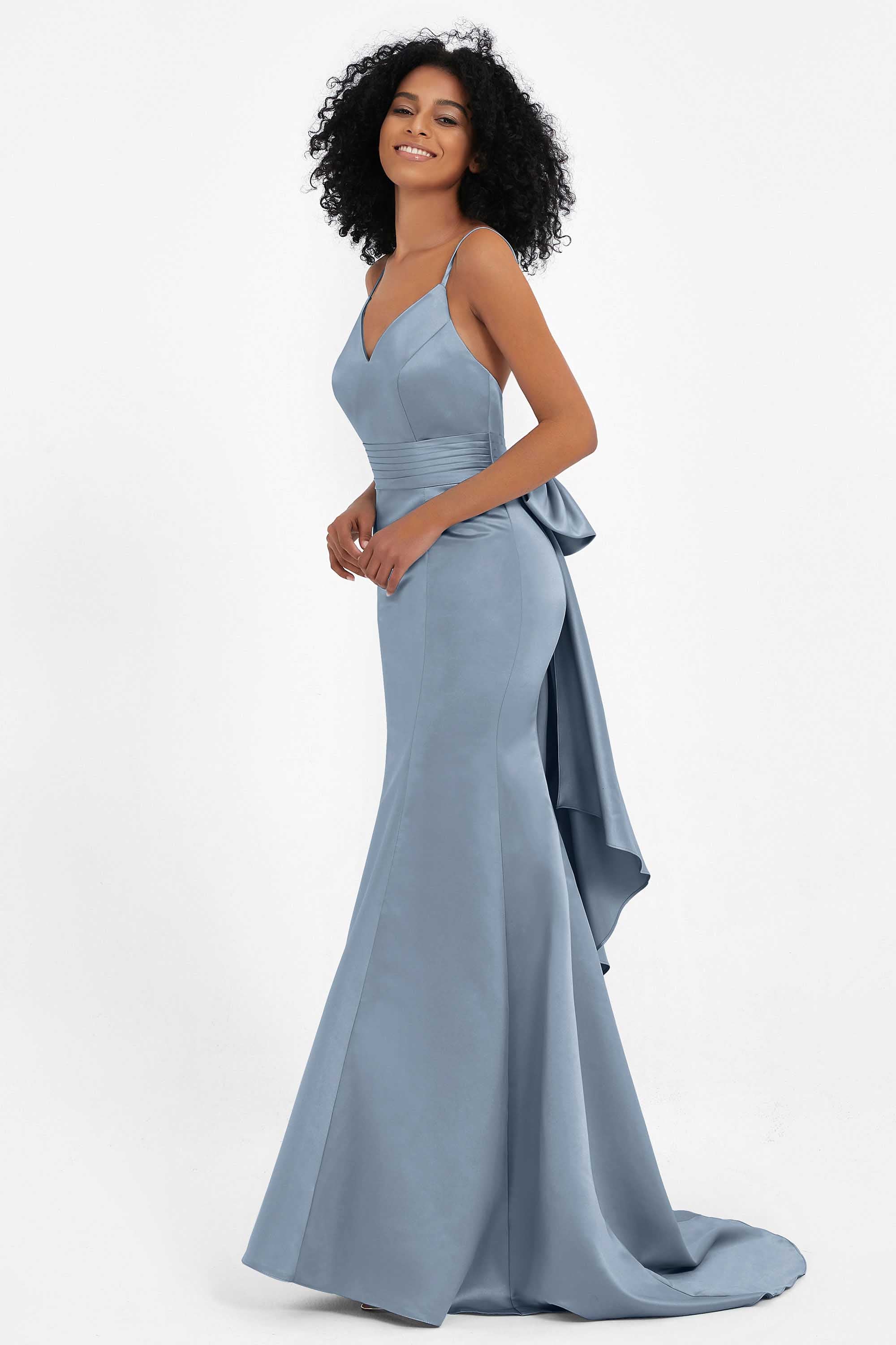 Spaghetti Straps V Neck Satin Formal Evening Dresses Mermaid Prom Party Gowns with Bowknot