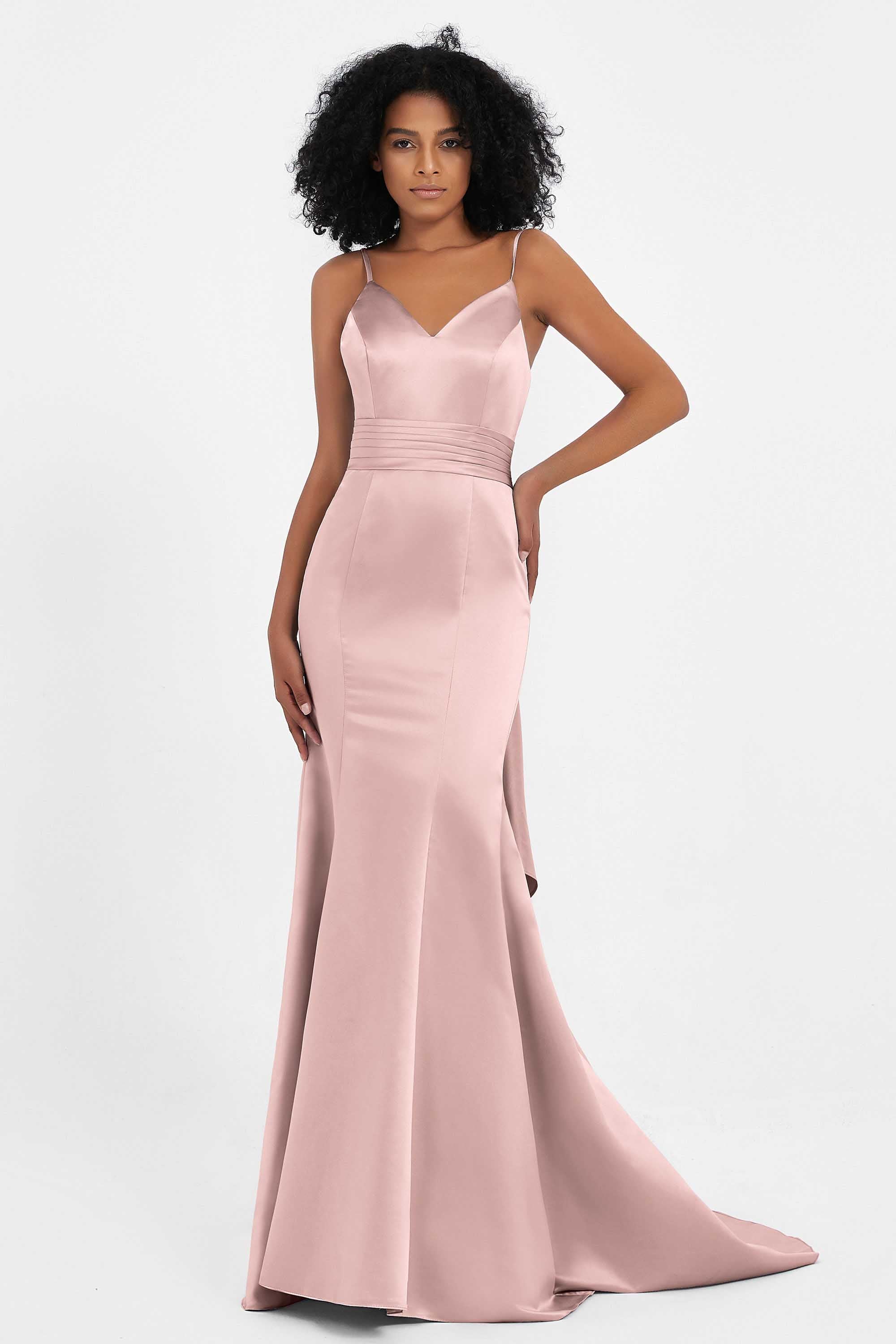 Spaghetti Straps V Neck Satin Formal Evening Dresses Mermaid Prom Party Gowns with Bowknot