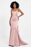 Spaghetti Straps V Neck Satin Formal Evening Dresses Mermaid Prom Party Gowns with Bowknot