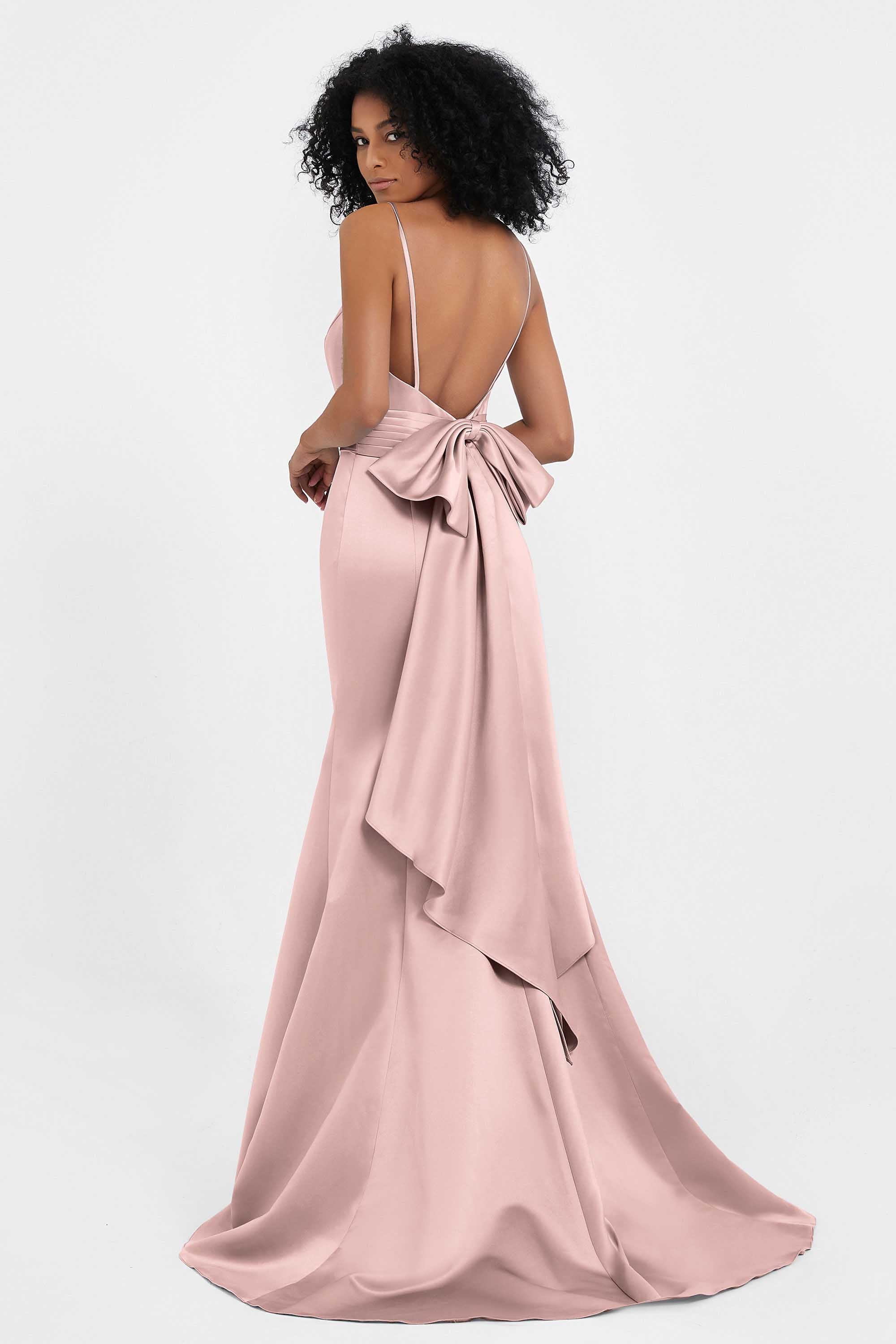 Spaghetti Straps V Neck Satin Formal Evening Dresses Mermaid Prom Party Gowns with Bowknot