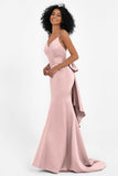 Spaghetti Straps V Neck Satin Formal Evening Dresses Mermaid Prom Party Gowns with Bowknot