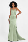 Spaghetti Straps V Neck Satin Formal Evening Dresses Mermaid Prom Party Gowns with Bowknot