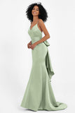 Spaghetti Straps V Neck Satin Formal Evening Dresses Mermaid Prom Party Gowns with Bowknot