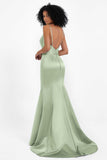 Spaghetti Straps V Neck Satin Formal Evening Dresses Mermaid Prom Party Gowns with Bowknot
