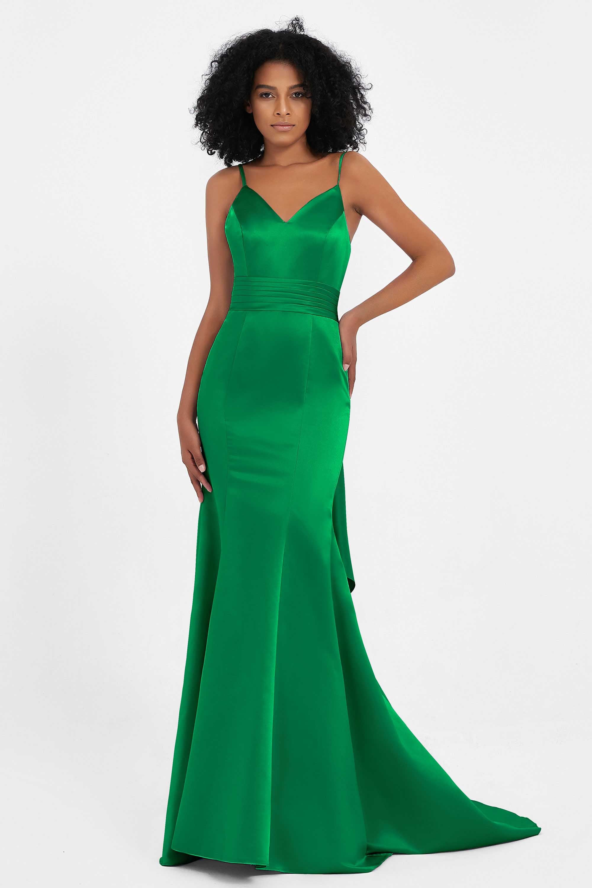 Spaghetti Straps V Neck Satin Formal Evening Dresses Mermaid Prom Party Gowns with Bowknot