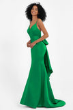 Spaghetti Straps V Neck Satin Formal Evening Dresses Mermaid Prom Party Gowns with Bowknot