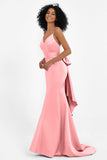 Spaghetti Straps V Neck Satin Formal Evening Dresses Mermaid Prom Party Gowns with Bowknot