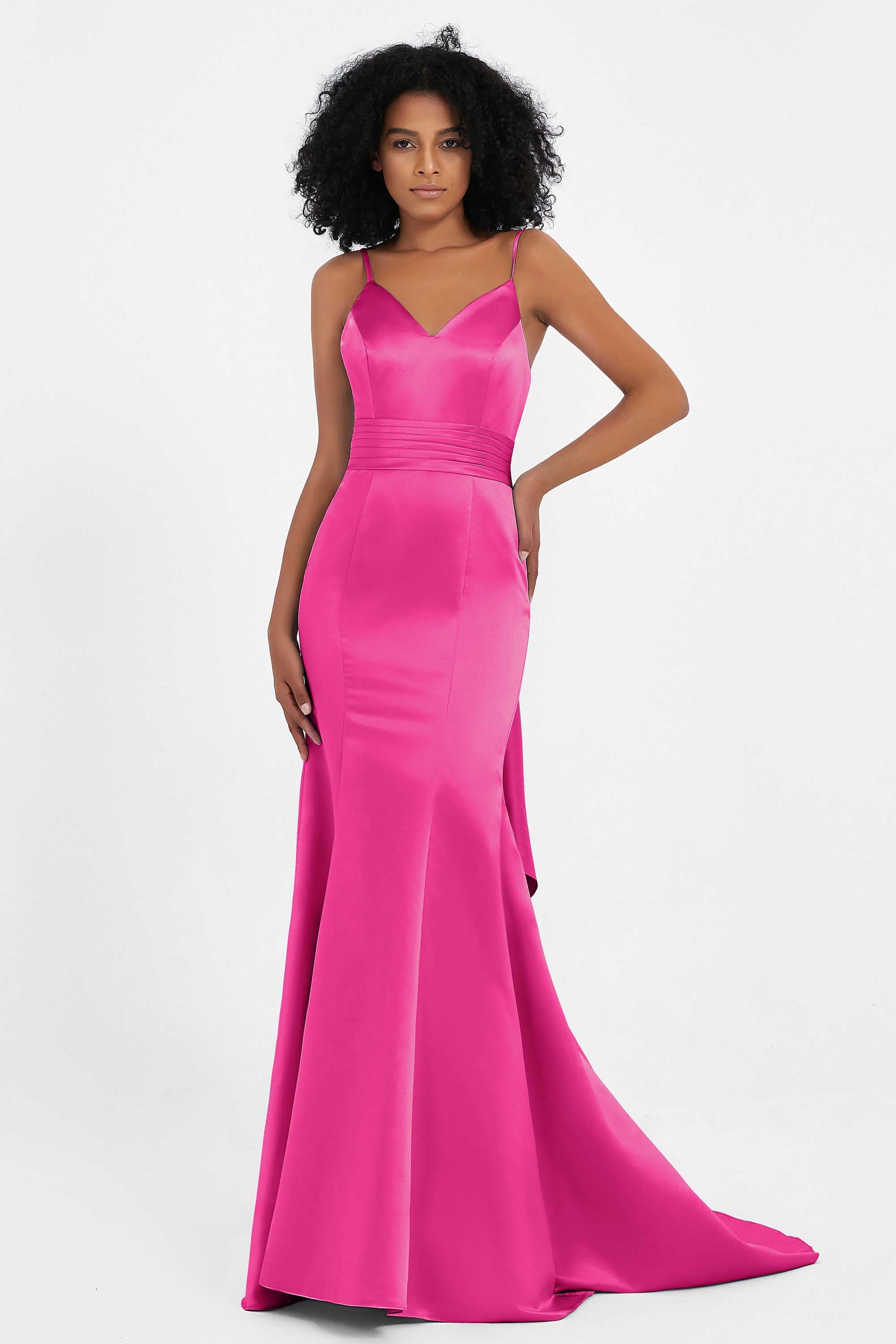 Spaghetti Straps V Neck Satin Formal Evening Dresses Mermaid Prom Party Gowns with Bowknot