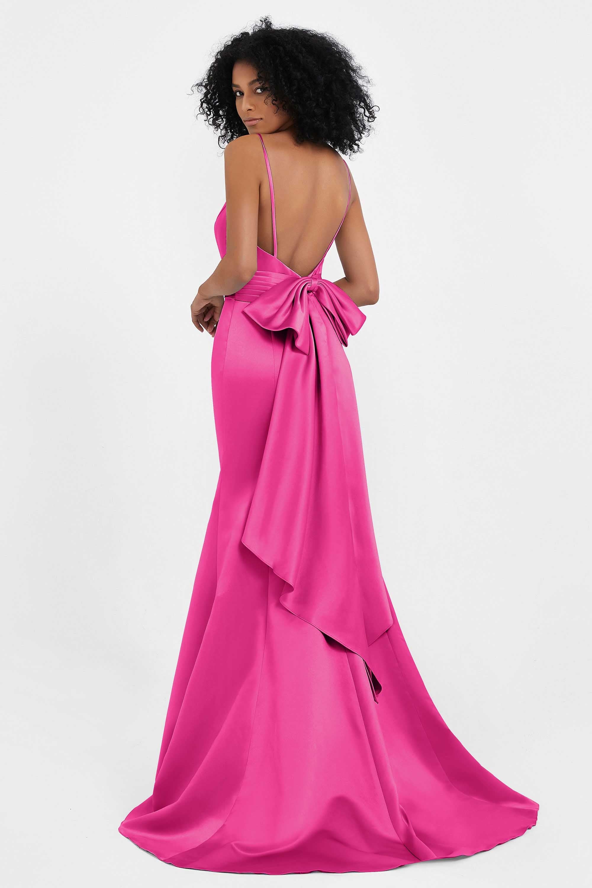 Spaghetti Straps V Neck Satin Formal Evening Dresses Mermaid Prom Party Gowns with Bowknot