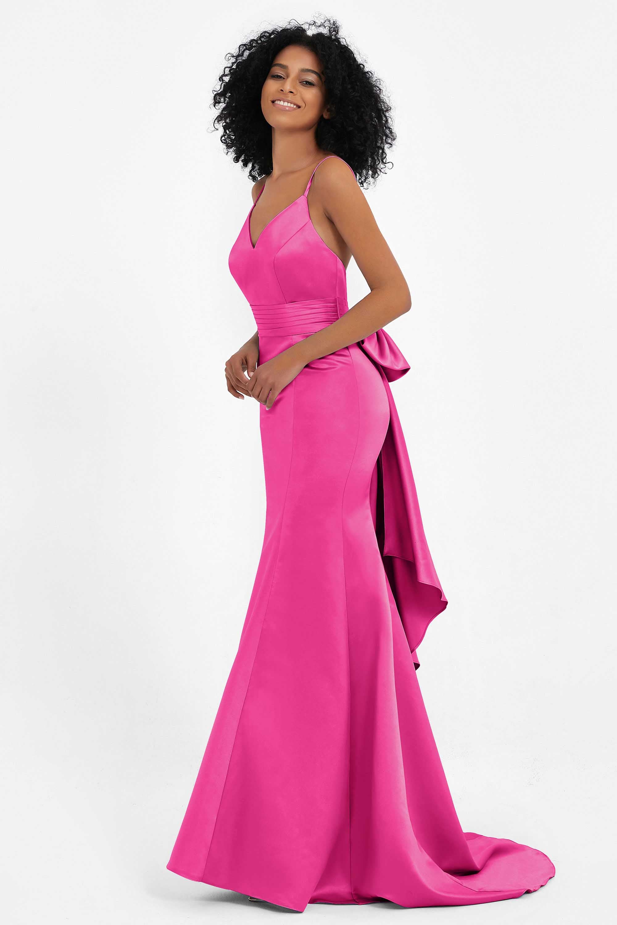 Spaghetti Straps V Neck Satin Formal Evening Dresses Mermaid Prom Party Gowns with Bowknot