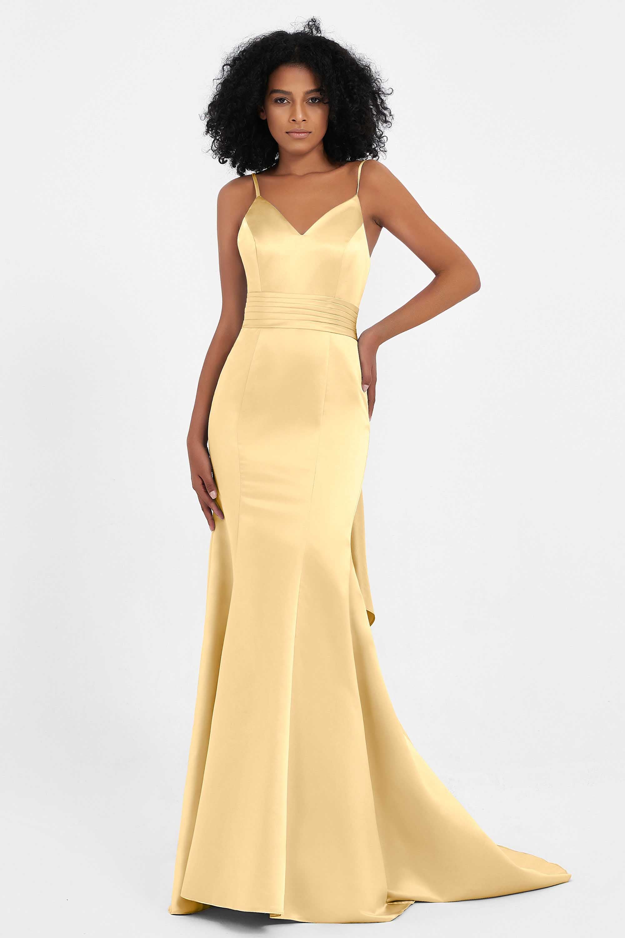 Spaghetti Straps V Neck Satin Formal Evening Dresses Mermaid Prom Party Gowns with Bowknot