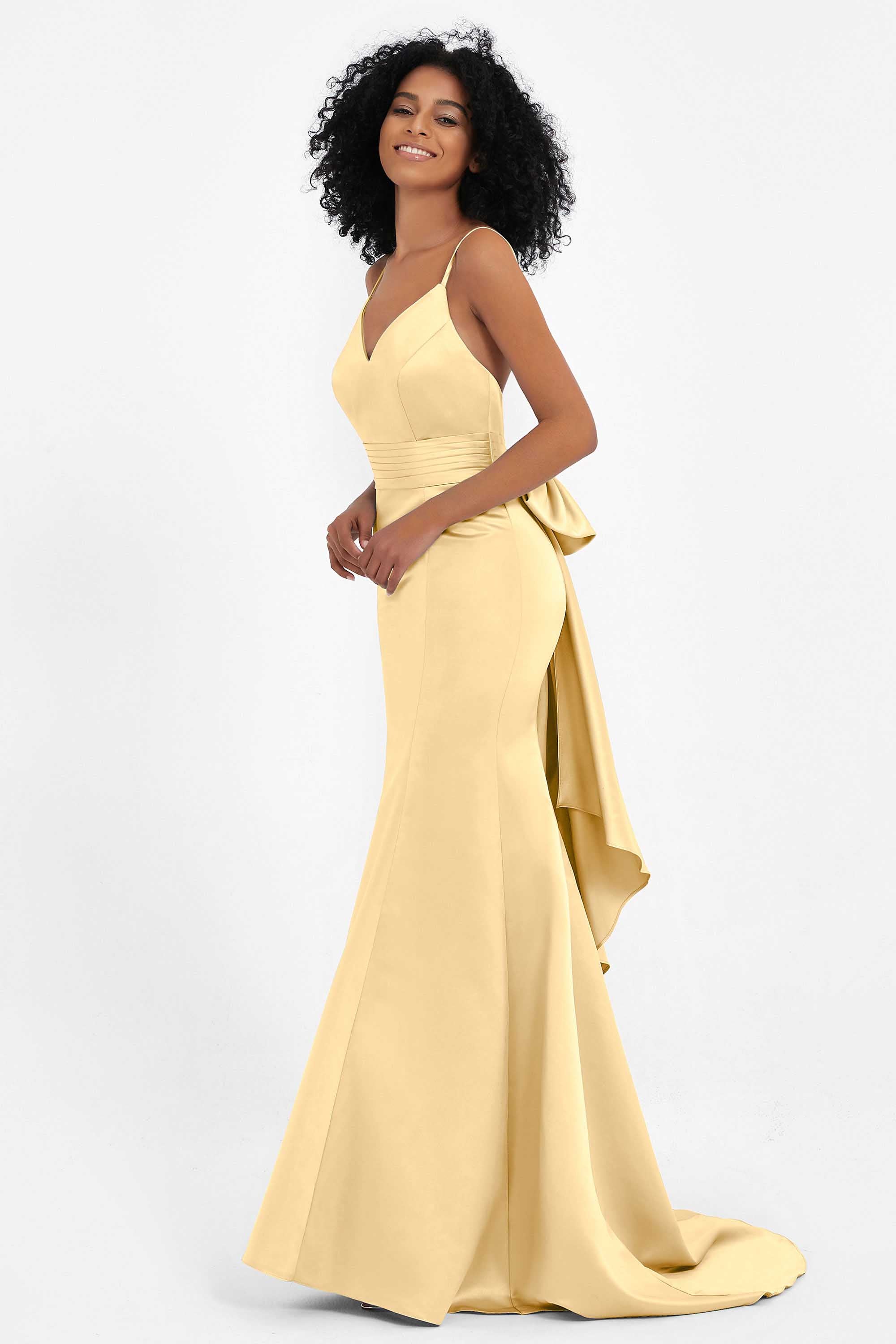 Spaghetti Straps V Neck Satin Formal Evening Dresses Mermaid Prom Party Gowns with Bowknot