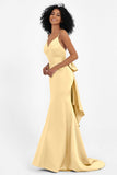 Spaghetti Straps V Neck Satin Formal Evening Dresses Mermaid Prom Party Gowns with Bowknot