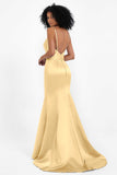 Spaghetti Straps V Neck Satin Formal Evening Dresses Mermaid Prom Party Gowns with Bowknot