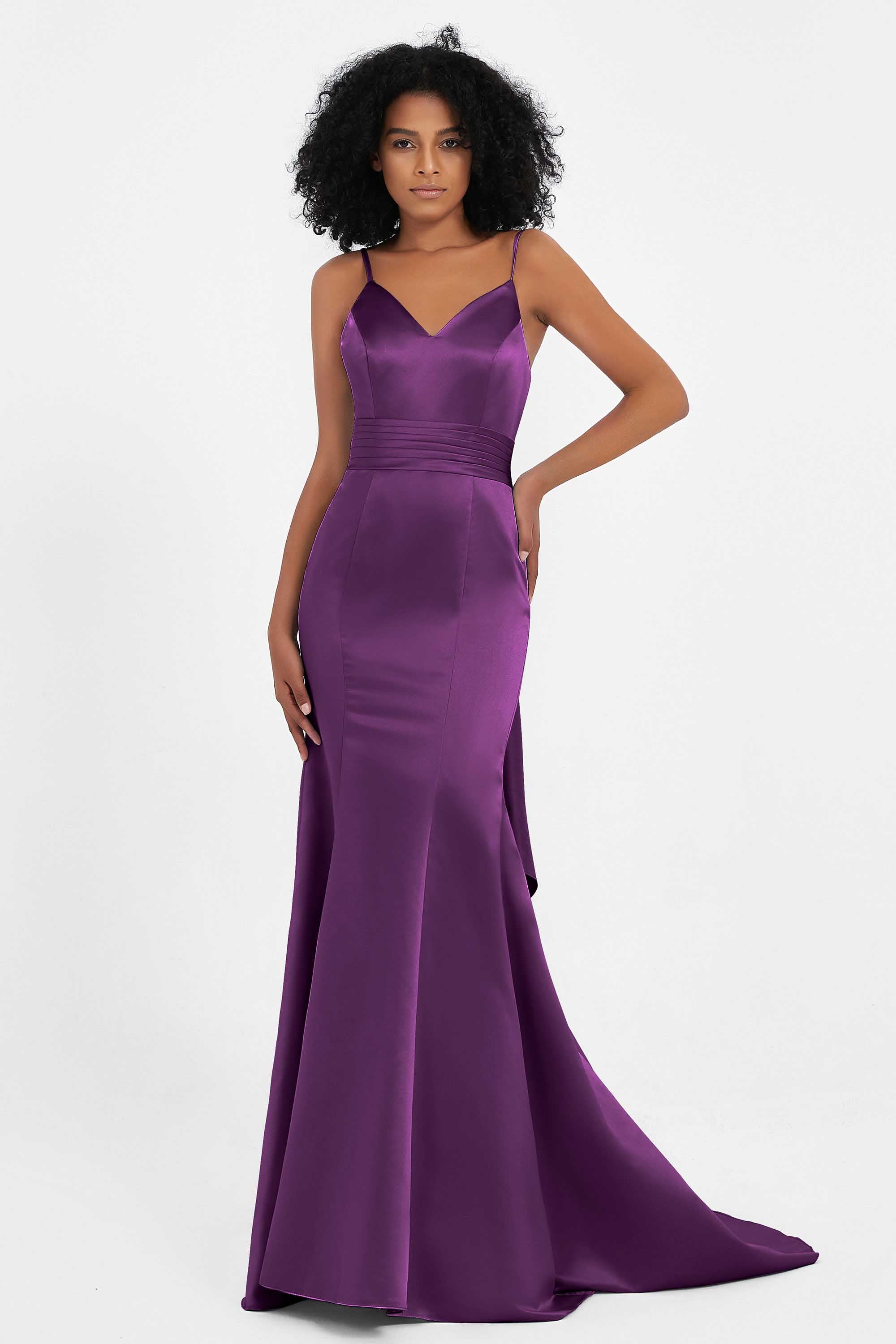Spaghetti Straps V Neck Satin Formal Evening Dresses Mermaid Prom Party Gowns with Bowknot