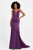 Spaghetti Straps V Neck Satin Formal Evening Dresses Mermaid Prom Party Gowns with Bowknot