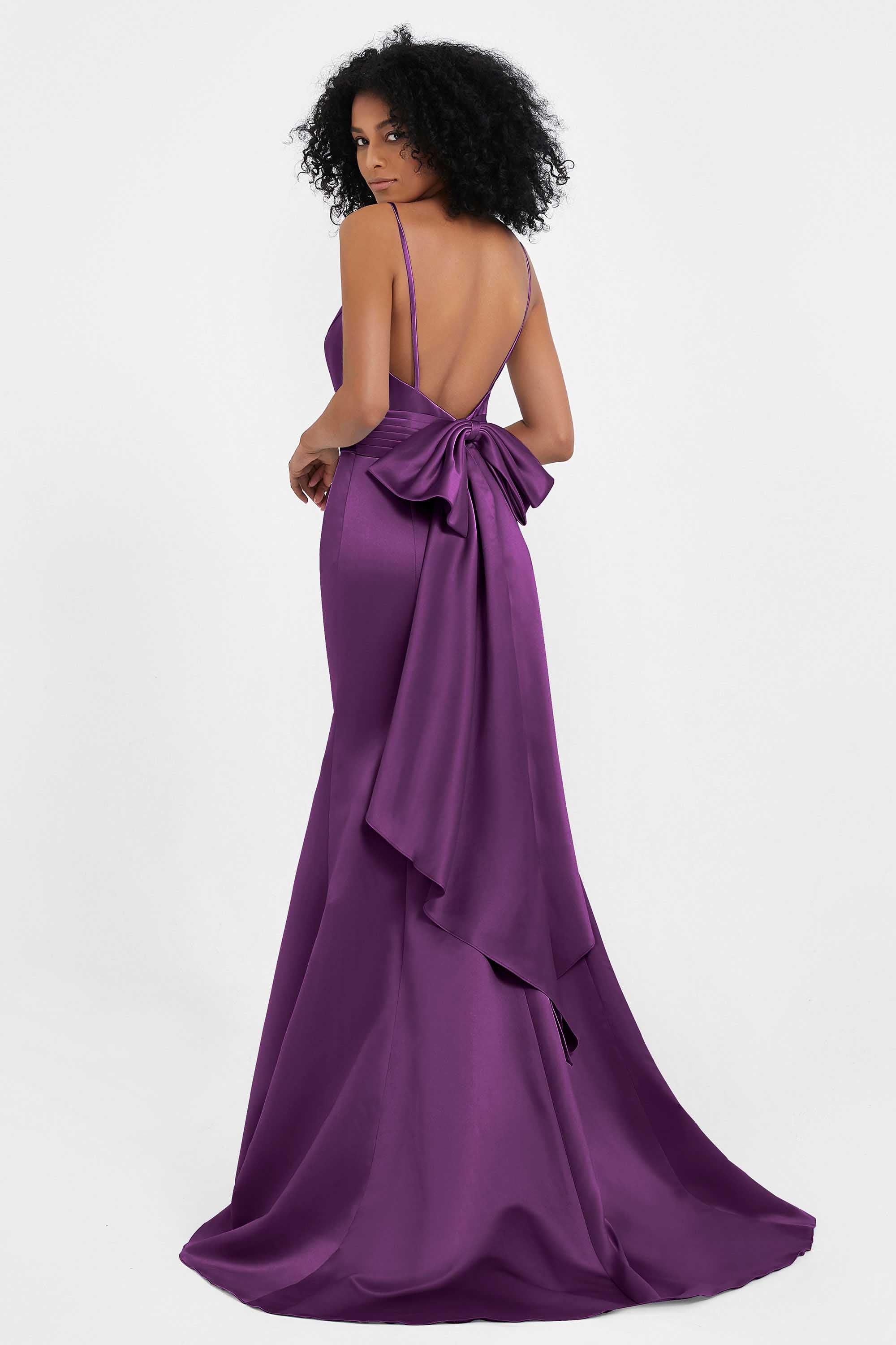 Spaghetti Straps V Neck Satin Formal Evening Dresses Mermaid Prom Party Gowns with Bowknot