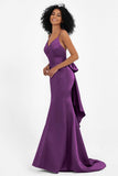 Spaghetti Straps V Neck Satin Formal Evening Dresses Mermaid Prom Party Gowns with Bowknot