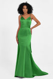 Spaghetti Straps V Neck Satin Formal Evening Dresses Mermaid Prom Party Gowns with Bowknot