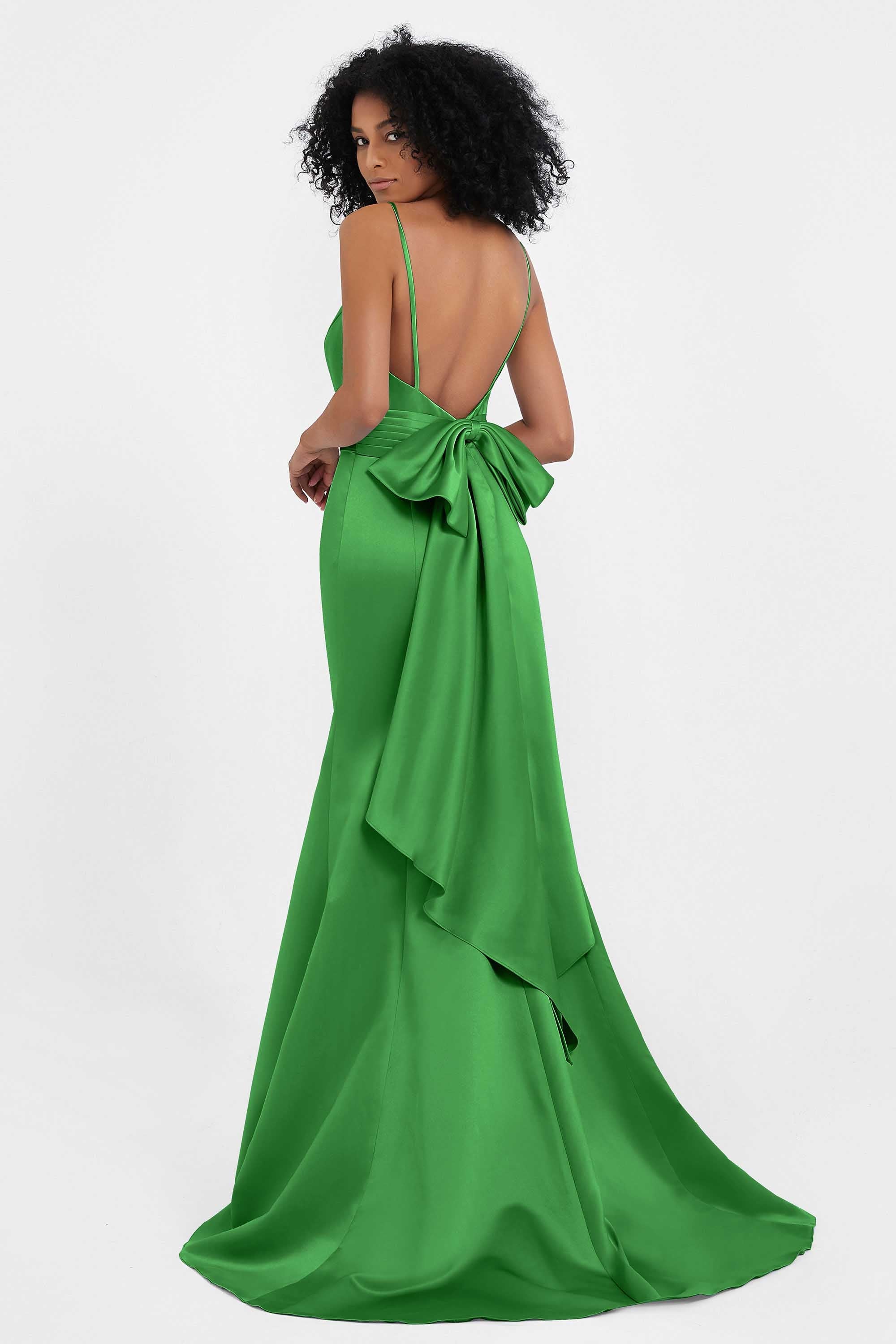 Spaghetti Straps V Neck Satin Formal Evening Dresses Mermaid Prom Party Gowns with Bowknot