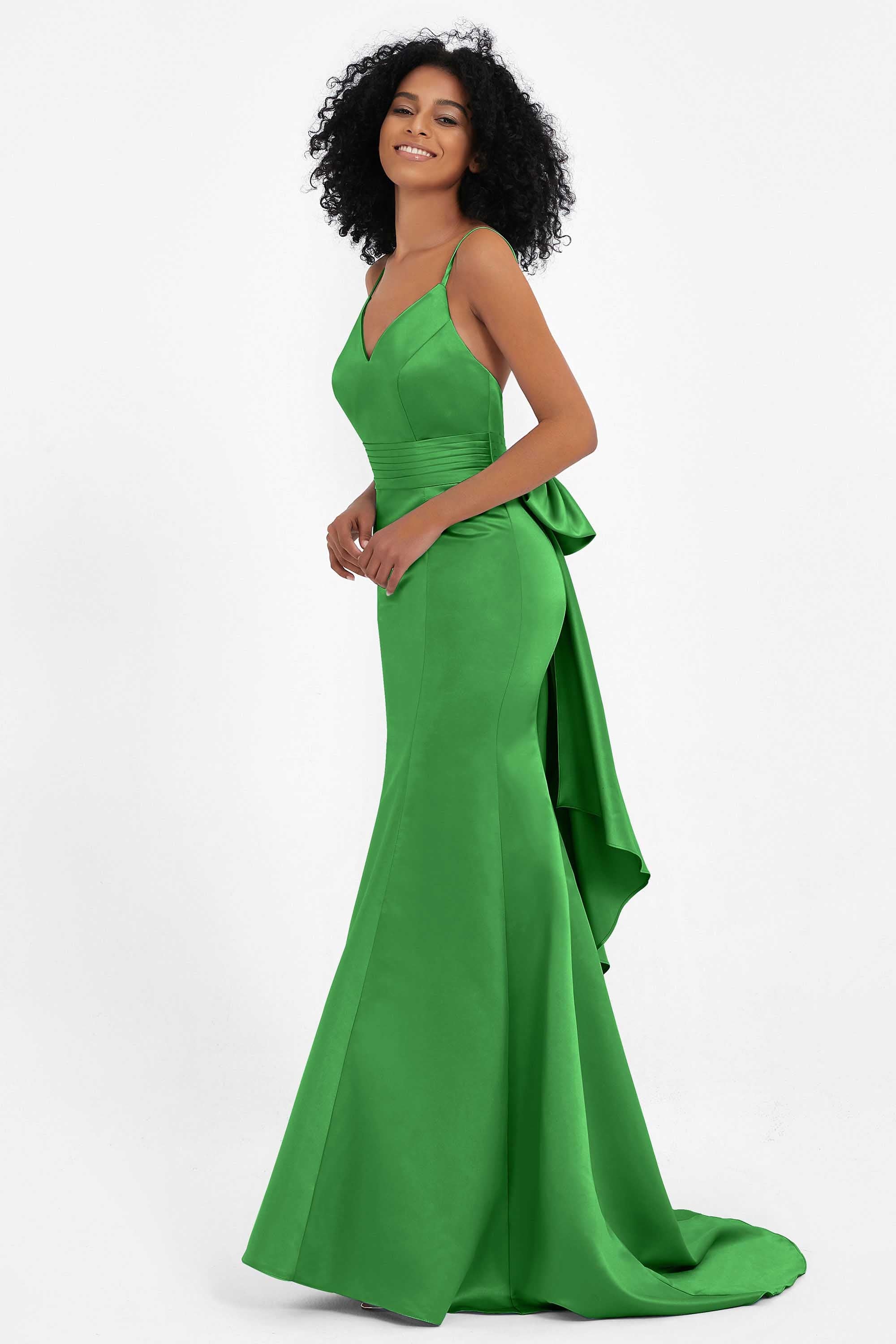 Spaghetti Straps V Neck Satin Formal Evening Dresses Mermaid Prom Party Gowns with Bowknot