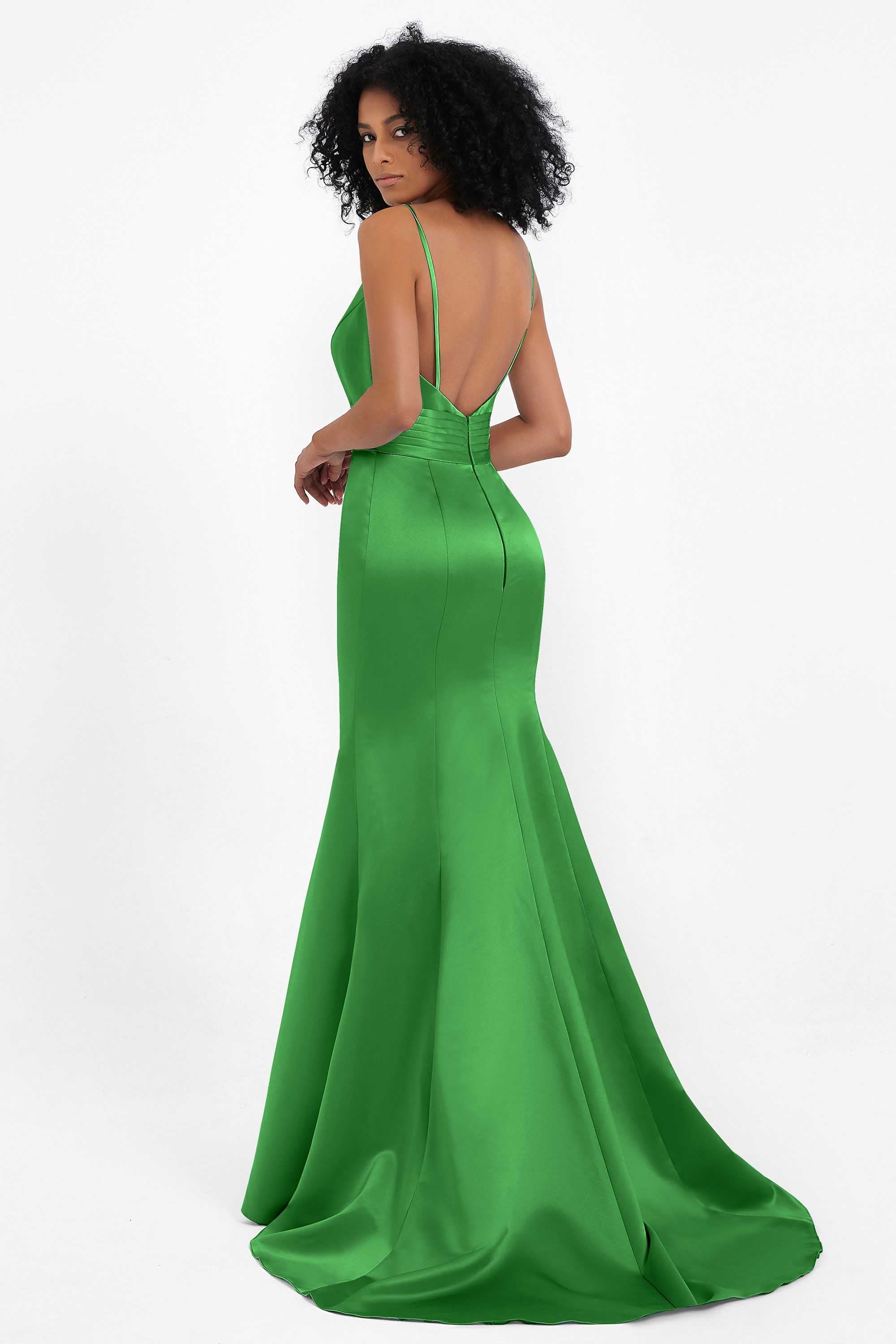 Spaghetti Straps V Neck Satin Formal Evening Dresses Mermaid Prom Party Gowns with Bowknot