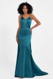 Spaghetti Straps V Neck Satin Formal Evening Dresses Mermaid Prom Party Gowns with Bowknot