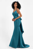 Spaghetti Straps V Neck Satin Formal Evening Dresses Mermaid Prom Party Gowns with Bowknot