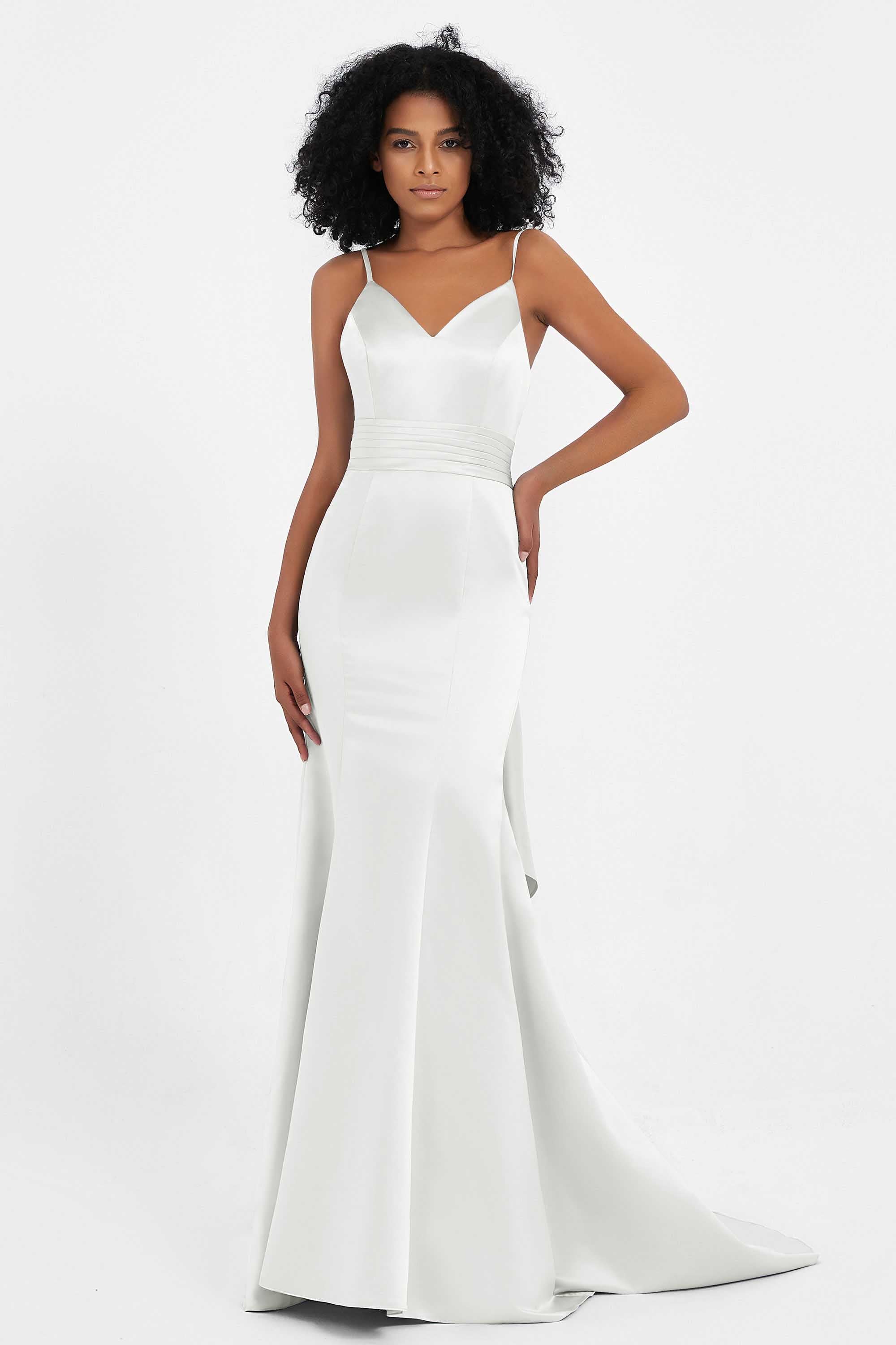 Spaghetti Straps V Neck Satin Formal Evening Dresses Mermaid Prom Party Gowns with Bowknot