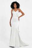 Spaghetti Straps V Neck Satin Formal Evening Dresses Mermaid Prom Party Gowns with Bowknot
