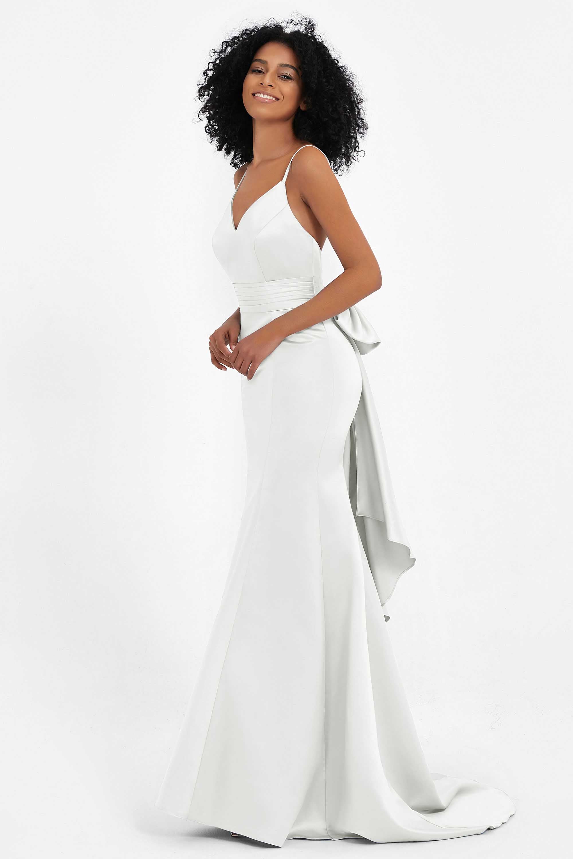 Spaghetti Straps V Neck Satin Formal Evening Dresses Mermaid Prom Party Gowns with Bowknot