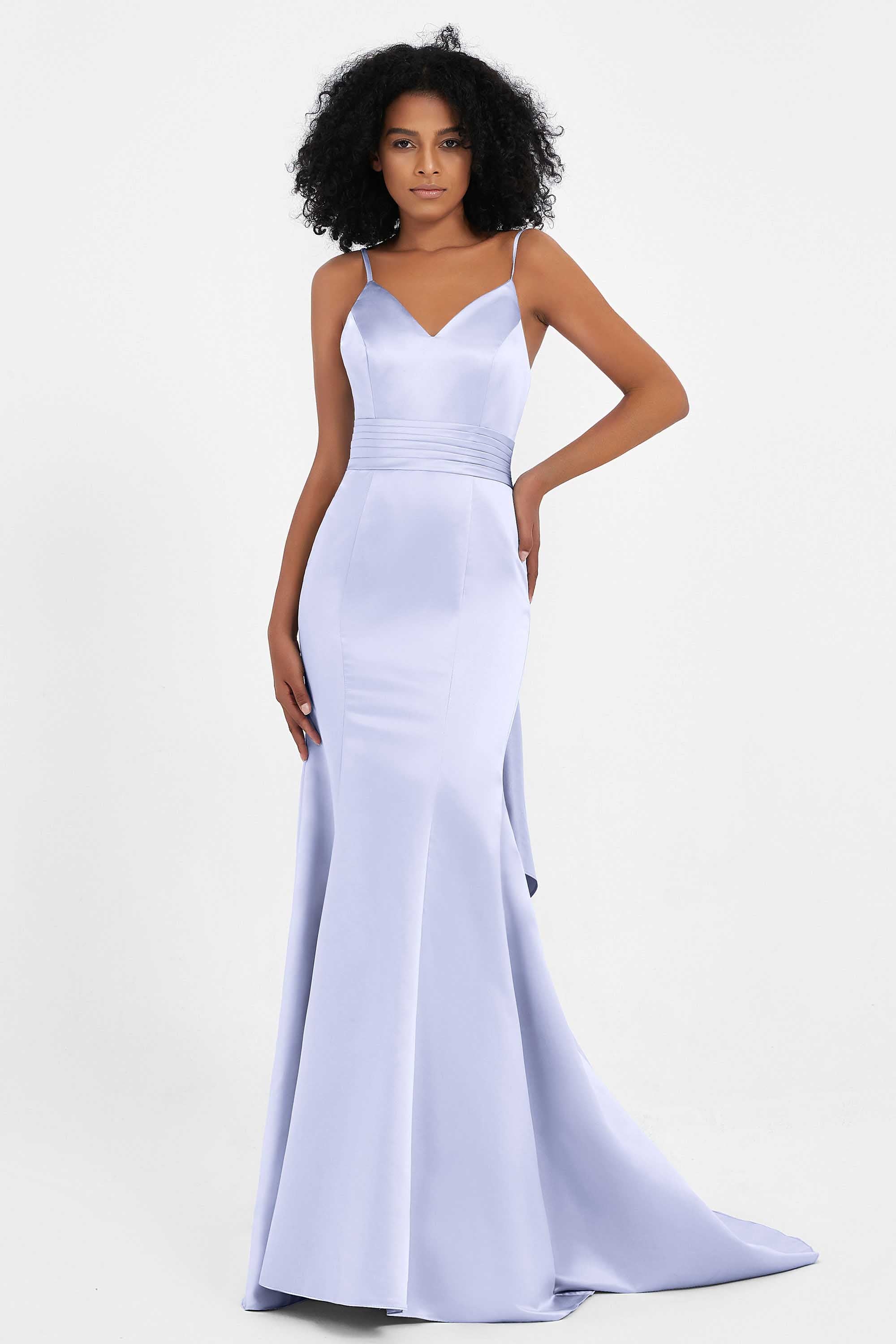 Spaghetti Straps V Neck Satin Formal Evening Dresses Mermaid Prom Party Gowns with Bowknot