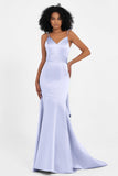 Spaghetti Straps V Neck Satin Formal Evening Dresses Mermaid Prom Party Gowns with Bowknot