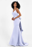 Spaghetti Straps V Neck Satin Formal Evening Dresses Mermaid Prom Party Gowns with Bowknot
