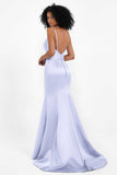 Spaghetti Straps V Neck Satin Formal Evening Dresses Mermaid Prom Party Gowns with Bowknot