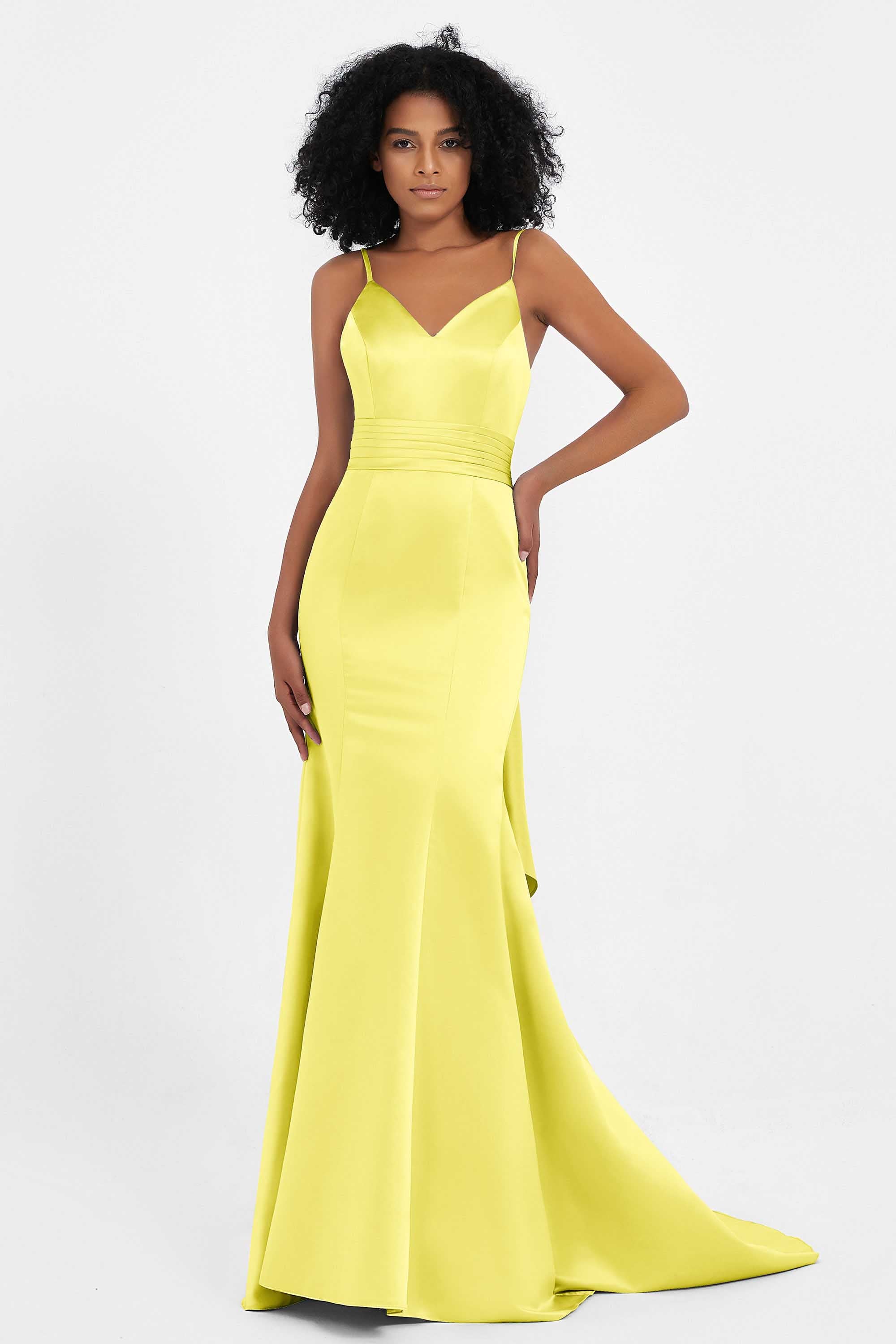 Spaghetti Straps V Neck Satin Formal Evening Dresses Mermaid Prom Party Gowns with Bowknot