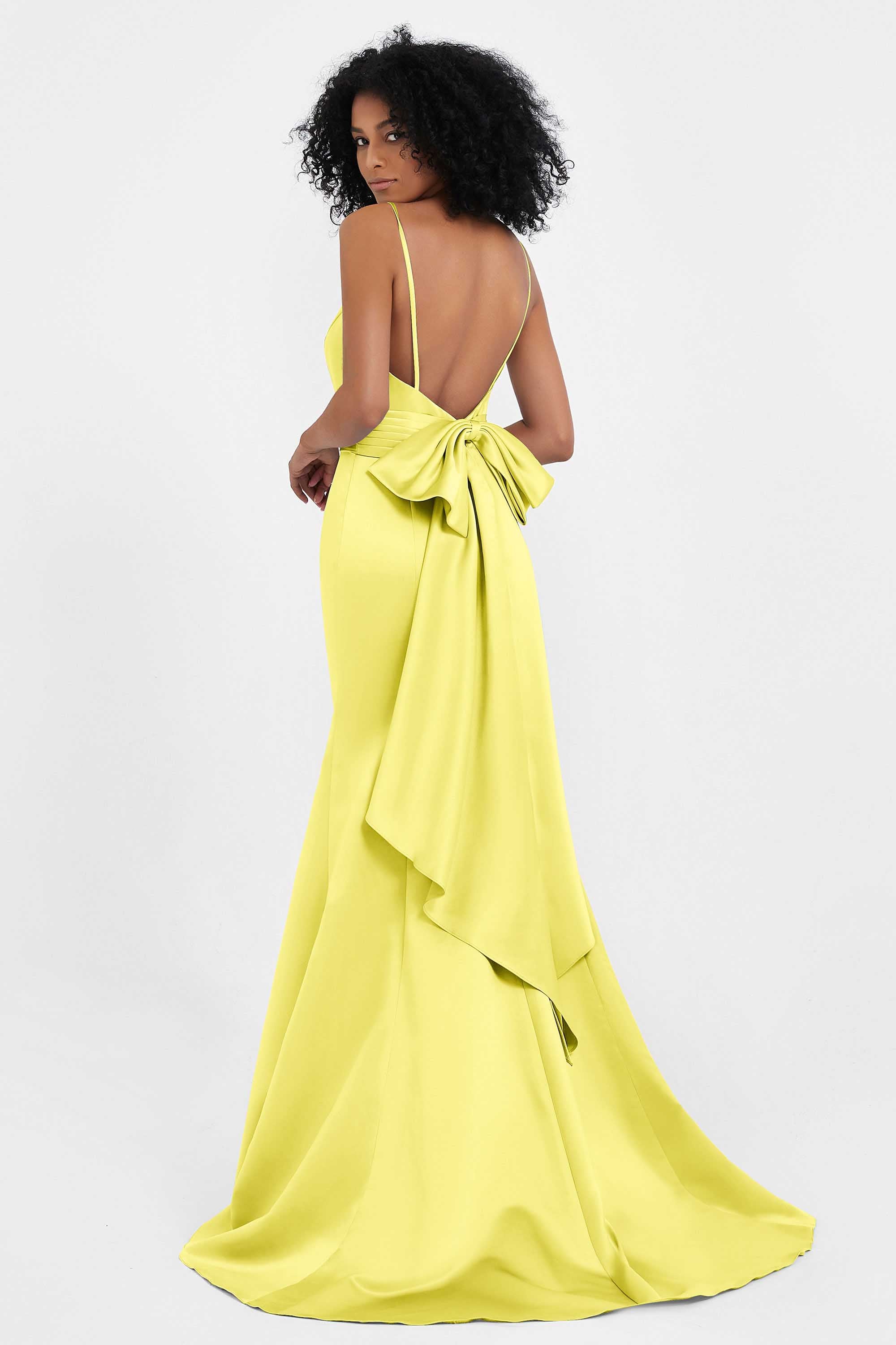 Spaghetti Straps V Neck Satin Formal Evening Dresses Mermaid Prom Party Gowns with Bowknot