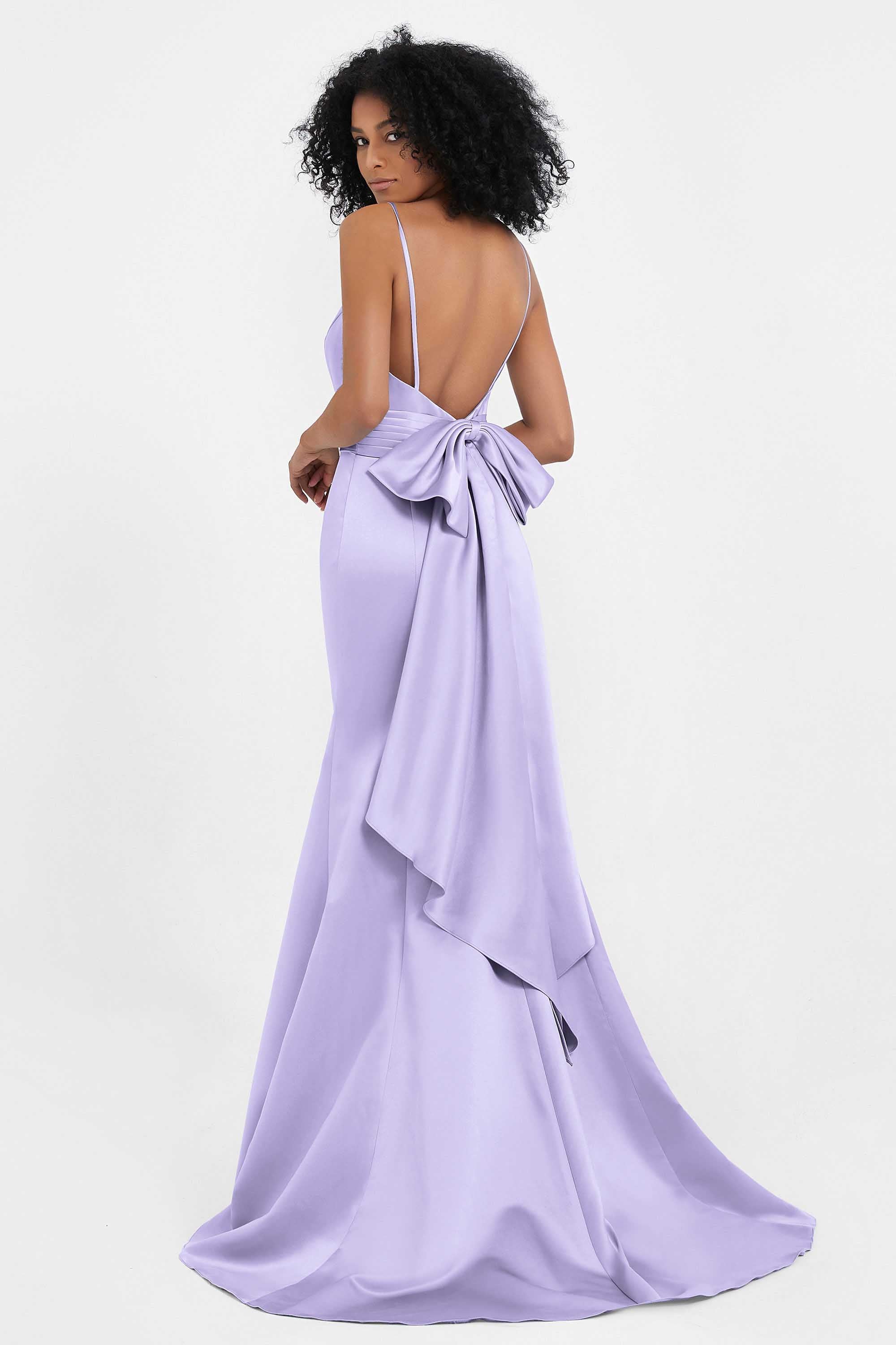 Spaghetti Straps V Neck Satin Formal Evening Dresses Mermaid Prom Party Gowns with Bowknot